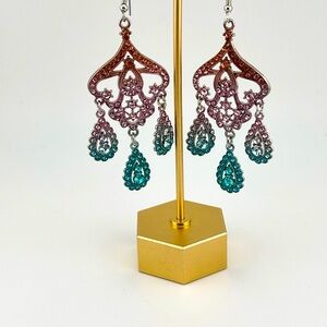 Long Rhinestone Silver Pink Orange and Teal Chandelier Earrings
